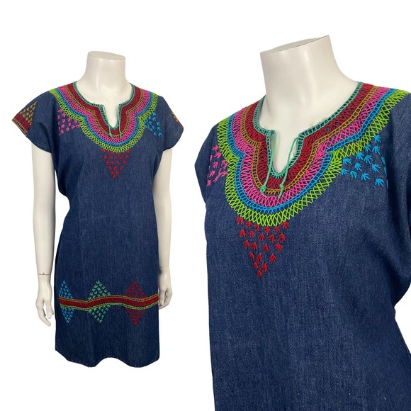 Vintage Rainbow Denim Embroidered Tie Back Tunic Top Mini Dress / Women’s Small - Picture 1 of 5